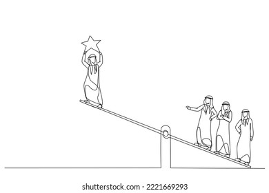 Drawing of arab businessman on a swing and outweighs them to get a star from the sky. Continuous line art
