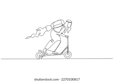 Drawing of arab businessman riding scooter with jet engine. metaphor for business speed. Single continuous line art style