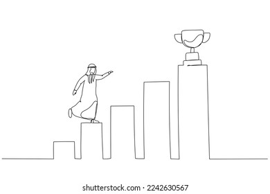 Drawing of arab businessman running on growing bar graph to catch winner trophy, concept of achievement. Single line art style