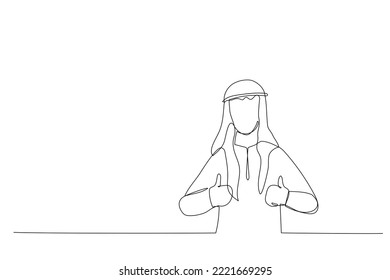 Drawing of arab businessman show thumb up expressing good job. One continuous line art style
