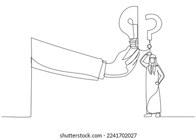 Drawing of arab businessman stand with question mark sign then helping hand put half of lightbulb lamp . Business problem. Single continuous line art
