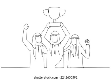 Drawing of arab businessman standing in medals on necks holding golden trophy concept on teamwork. Single continuous line art