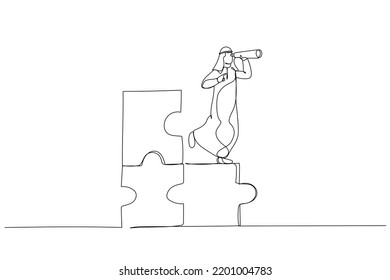 Drawing of arab businessman standing on uncompleted jigsaw looking for missing piece. Finding solution concept. Single line art style
