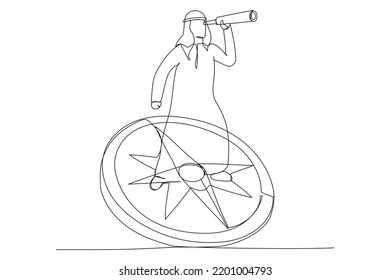 Drawing of arab businessman standing on compass showing direction. Symbol of strategy, future vision. Single line art style
