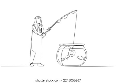 Drawing of arab businessman try to hook and catch with coin bait. Single continuous line art style