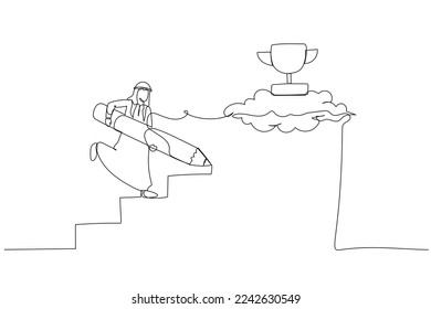 Drawing of arab businessman use pencil to create his own stair to success metaphor of way to success. Single line art style