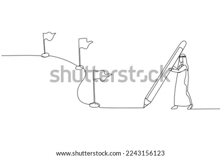 Drawing of arab businessman using pencil draw line with flag as milestones. Continuous line art style
