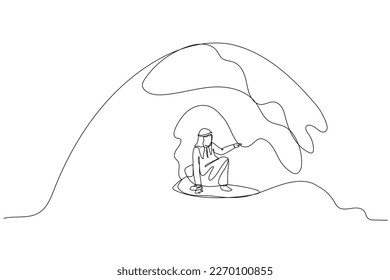 Drawing of arab businessman using surfboard. metaphor for moving forward with trend. Single line art style