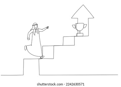 Drawing of arab businessman walking up staircase with rising arrow into high sky to find winning trophy. Single line art style