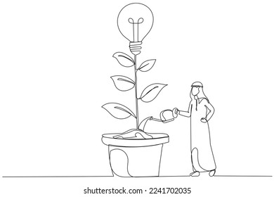 Dibujo de un empresario árabe regando un árbol en crecimiento con bombilla. Gente trabajando juntos. Arte de línea continuo
