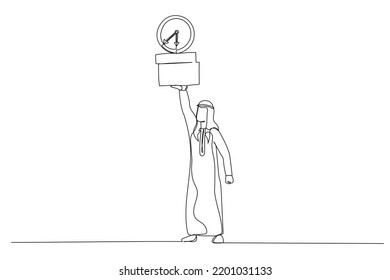 Drawing of arab businessman working with laptop while carrying load of paperwork. Ability to work under pressure. Single line art style
