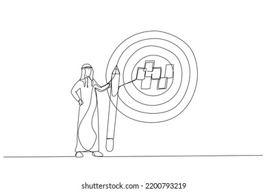 Drawing of arab businessman write down goal on notes and put on big dartboard target. Metaphor for goal setting, achievable target or purposeful objective. Single continuous line art style
