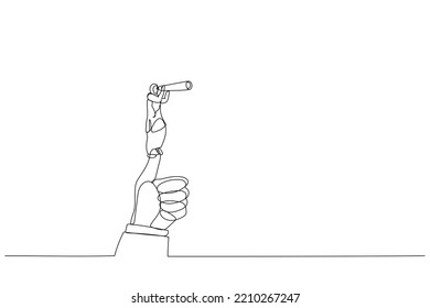 Drawing of arab businesswoman standing on giant thumb using telescope to look into the distance. Continuous line art
