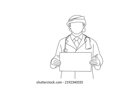 Drawing Of Arab Doctor Holding A White Cardboard Banner Isolated. Outline Drawing Style Art
