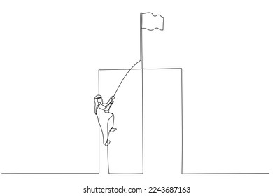 Drawing of arab man climbing a cliff on a rope concept of career growth. Single continuous line art style