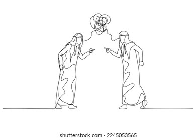 Drawing of arab man and colleague debating arguing concept of conflict. Single continuous line art