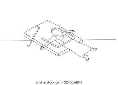 Drawing of arab man got caught shut in mousetrap metaphor of business trap. Single line art style