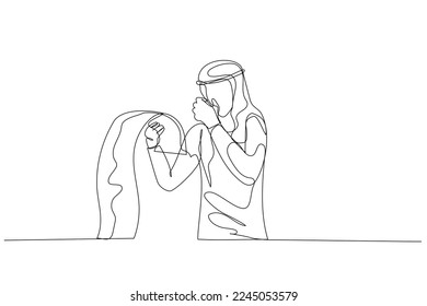 Drawing of arab man holding long list of bills stressed because of debt. Single continuous line art style