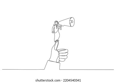 Drawing of arab man holding a megaphone standing on a huge thumb, metaphor for leader speech. Single line art style
