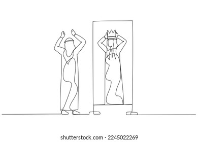 Drawing of arab man looking into better self putting crown in head. Single continuous line art style