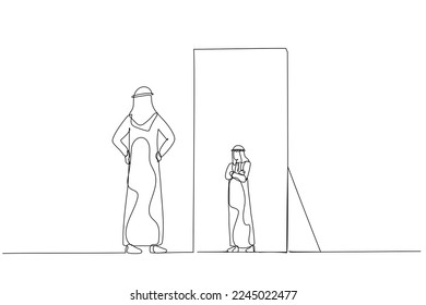 Drawing of arab man looking at the mirror seeing timid mini version of self. Single line art style