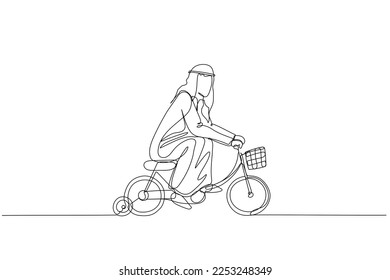 Drawing of arab man practice riding child bicycle with training wheels concept of training practice for success. Single continuous line art style