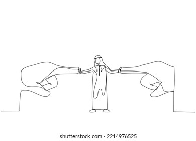 Drawing of arab man resisting pressure from two pointing giant hand. Single line art style
