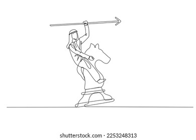 Dibujo de un hombre árabe montando una metáfora de caballo de ajedrez para la lucha y la estrategia de negocios. Estilo de arte de línea continuo