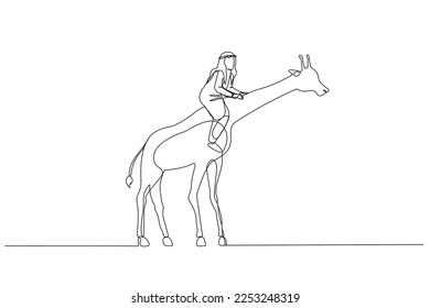 Drawing of arab man riding giraffe concept of business leader ready to reach higher level. Continuous line art style