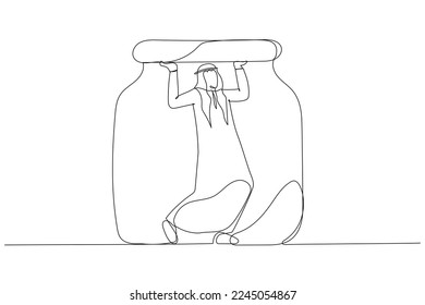 Drawing of arab man trapped in a jar concept of business limitation. Single line art style