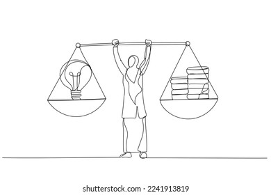 Drawing of arab muslim businesswoman hand shaking the lightbulb idea to earn money. Single continuous line art style