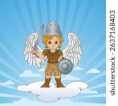 Drawing of Archangel Michael with shield and sword standing on a cloud against a blue sky background
