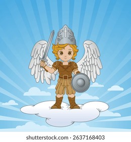 Drawing of Archangel Michael with shield and sword standing on a cloud against a blue sky background