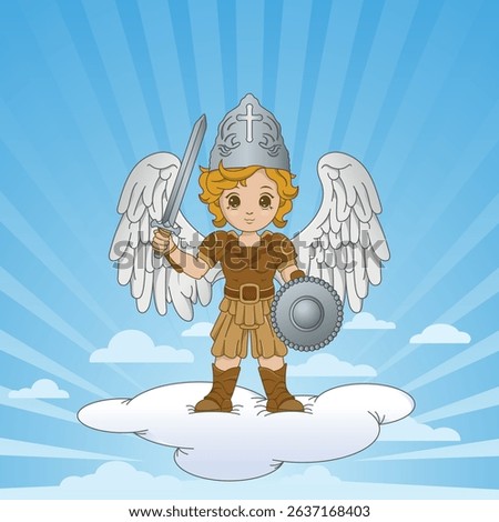 Drawing of Archangel Michael with shield and sword standing on a cloud against a blue sky background