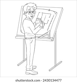 Drawing of an architect making a drawing. just line.
