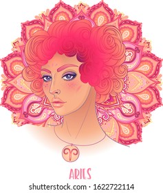 Drawing of Aries astrological sign as a beautiful girl over ornate mandala pattern. Zodiac vector illustration isolated on white. Future telling, horoscope, alchemy, spirituality, fashion woman.