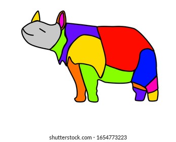 drawing of armored rhino in red grey yellow blue orange
