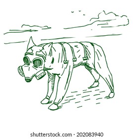 Drawing of army dog in hazmat suit with landscape background