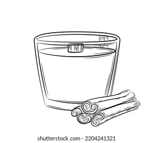 Drawing aromatic candle with the smell of cinnamon drawn by hand. Linear simple candle in a candlestick with a wooden wick. Doodle sketch style. Isolated vector illustration.