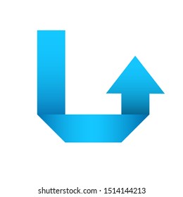 drawing an arrow icon with a blue colored paper gradation style and isolated white background.