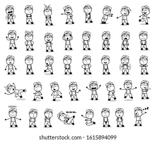 Drawing Art of Comic Carpenter Poses - Set of Concepts Vector illustrations