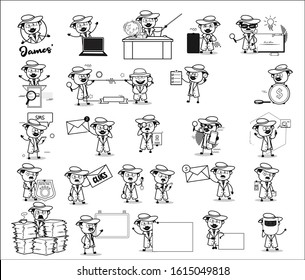 Drawing Art of Comic Detective Agent - Set of Concepts Vector illustrations