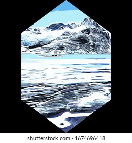Drawing art, elongated hexagon shapes, mountains and seas, T shirt screen printing, t shirt, t shirt design, screen printing, screen print 