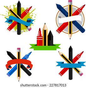 Drawing Art Emblems, with five different pencil, marker and crayon emblems vector illustration.