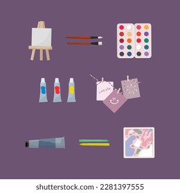 Drawing artist tools. Painting instruments set for art education, hobby or artwork. Flat style illustration. Vector