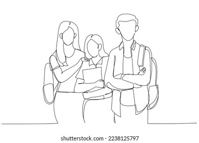 Drawing of asia students read a book in library. Single continuous line art style
