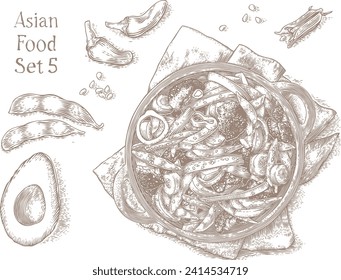 Drawing of lot of asian food - fried and fresh vegetables