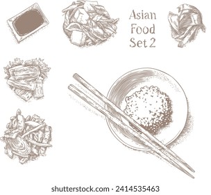 Drawing of lot of asian food - riсe, tofu, tofu skinm, soy sauce and seaweed