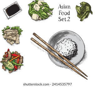 Drawing of lot of asian food - riсe, tofu, tofu skinm, soy sauce and seaweed