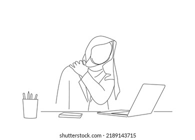 Drawing asian muslim woman wearing hijab suffers from neck pain  Single continuous line art
